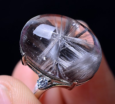 #ad Natural Silver Gold Rutilated Quartz Titanium Crystal Adjustable Silver Ring $429.99
