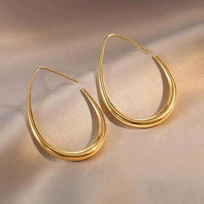 #ad Woman 14k Gold Plated Oval Hollow Earring Stud Dangle Drop Pierced Hook $8.99
