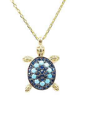 #ad Turtle Turquoise Blue Pendant Necklace Gold $131.40