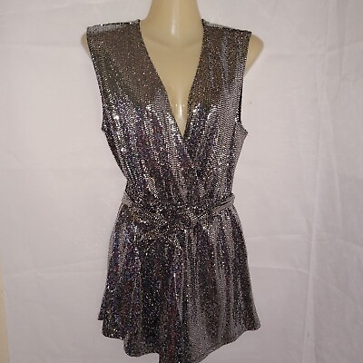 #ad Young at Heart Los Angeles Romper Size M Silver Black Shiny Sleeveless Vneck M $39.90