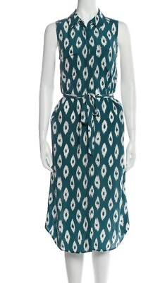 #ad Equipment Femme Dress Womens Small Green Print Silk Shirtdress Belted Collar $29.95