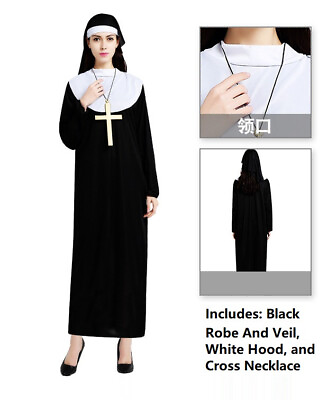 #ad Blessed Babe Nun Black Robe Costume w Hood amp; Cross for Halloween Cosplay OneSize $14.99