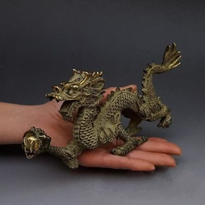 #ad Chinese Fengshui Bronze Zodiac Year Dragon Dragons Animal Hold Bead Statue $43.69
