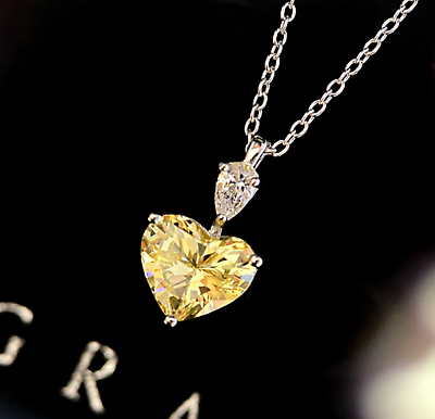 #ad Titanium Silver Lovely Yellow Heart Pave Cubic Zirconia Pendant Chain Necklace $11.99
