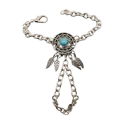 #ad Women Silver Metal Hand Chain Bracelet Ring Turquoise Blue Bead Adjustable Size $16.99
