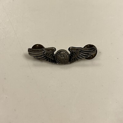 #ad Sterling Silver WWII US Army Air Corp Pilot Wings Cap Badge Pin $79.99
