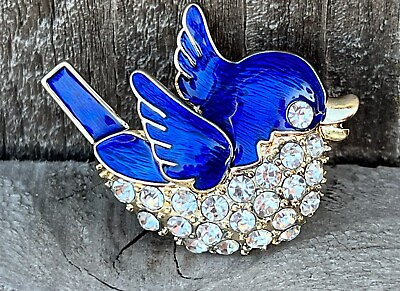 #ad Vintage Blue Bird Crystal Glass Rhinestones Brooch Pin Enamel Bluebird Chick USA $10.49