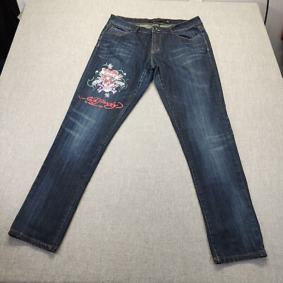 #ad Ed Hardy by Christian Audigier Denim Jeans Women 16 Dark Blue Straight Stretch $38.88