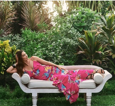#ad Lauren Ralph Lauren Hot Pink Floral Tiered Ruffle Georgette Maxi Dress Nwt 8 $99.99