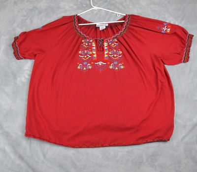 #ad Denim 24 7 Blouse Women#x27;s 30W Red Southwestern Print Top Short Sleeve $7.00
