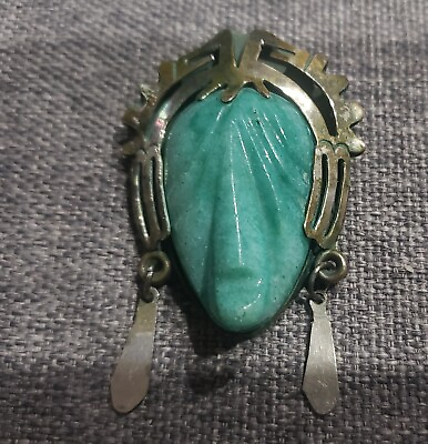 #ad Vintage Sterling Silver 925 MEXICO Carved Green Stone Tribal Head Brooch $60.00