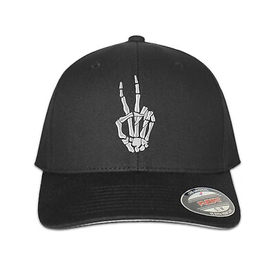 #ad Skeleton Peace Hand Black Flexfit Hat Premium Cap Best BDay Gift for Him $24.99