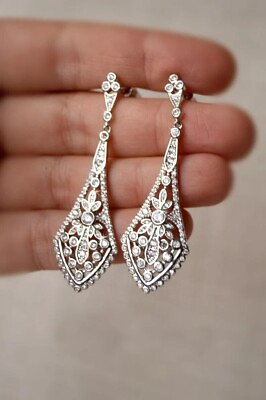 #ad Art Deco Vintage Style Lab Created Diamond Drop Dangle 925 Silver Earrings $70.70