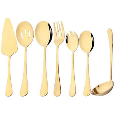 #ad 7Pcs Gold Dinnerware Large Soup Spoon Service Cutlery Set Kitchen Tableware $23.67