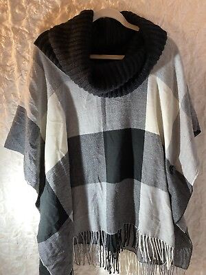 #ad V Frass cowl neck black and white tassled poncho shawl buttons to make sleeves  $20.00