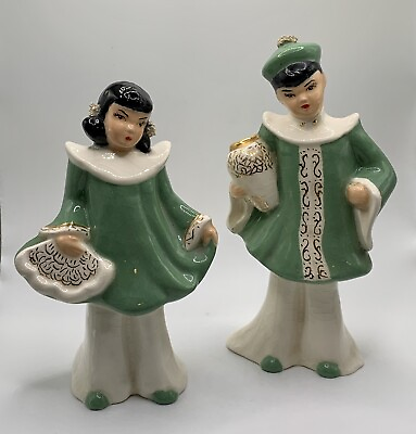 #ad Vintage Florence California Ceramics Asian Couple White amp; Green Gold Details $29.90