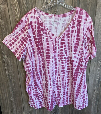 #ad Woman Within Womans 1X 22 24 Top Raspberry Pink Abstract V Neck Short Sleeves $11.60