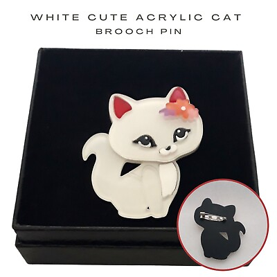 #ad White Cute Acrylic Cat Brooch Pin Lapel Pin Microfiber Pouch $13.50