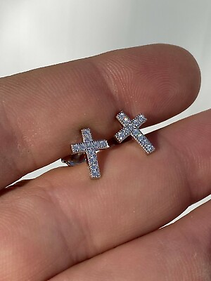 #ad Real 925 Sterling Silver Men#x27;s Ladies#x27; Cross Earrings Studs Simulated Diamonds $20.50