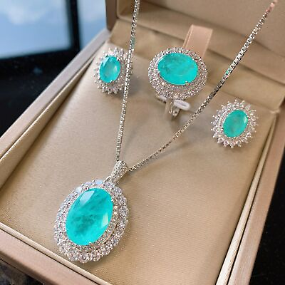 #ad 925 Sterling Silver Paraiba Gemstone Pendant Necklace Earrings Rings Jewelry Set $162.91