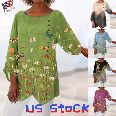 #ad Plus Size Women Floral Boho Casual Tunic Tops Loose 3 4 Sleeve T Shirt Blouse US $21.79