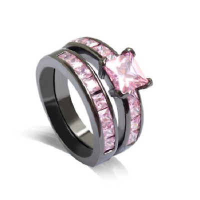 #ad Elegant Titanium Steel Gun Black Pink Rhinestone New Fashion 2 in 1 Ring Size 9 $15.74
