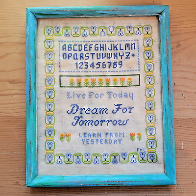 #ad VTG CrossStitch Needlepoint quot;Live .. Dream .. Learnquot; Alpha Upcycled Blue Frame $17.44