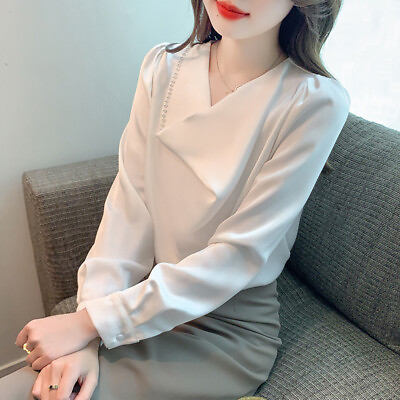 #ad Women Business Basic V Neck Chiffon Sping Autumn Pleated Solid Shirt Blouse Tops $24.65