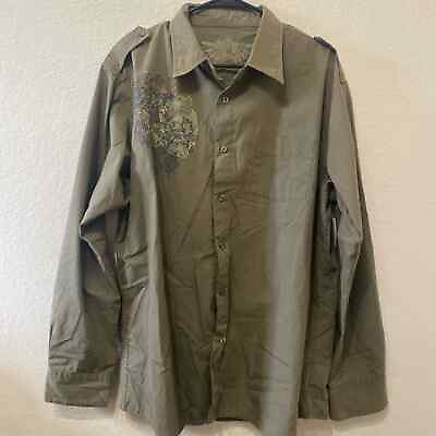 #ad Armored Saint mens button up shirt army green embroidered skull cross size xl $24.99