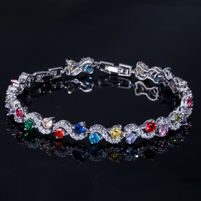 #ad Silver Plated Multicolor Cubic Zirconia Chain Bracelet for Women Fashion Jewelry $7.99