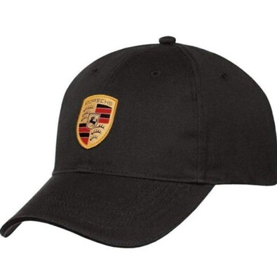 #ad Porsche Crest Logo Hat One Size Black w embossed Brass Trims Unisex $23.99