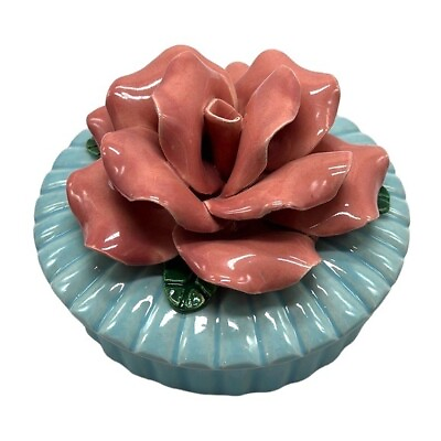 #ad Rose Trinket Jar Ceramic Large Pink Flower Blue Lidded Storage Vintage READ $17.58