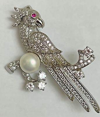 #ad Parrot Bird Crystal Clear Glass Rhinestone Brooch Pin Silver Tone Vintage USA $15.99