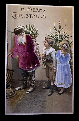 #ad Red Felt Santa Claus w. Children Tree Antique Novelty Christmas Postcard h640 $32.00