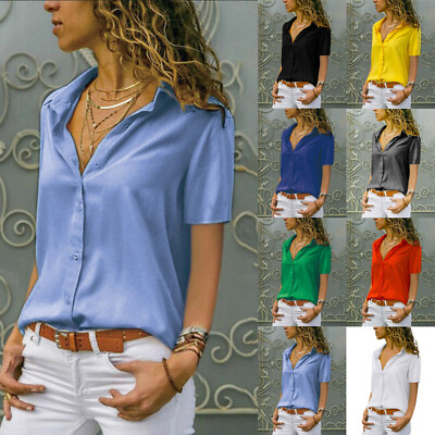 #ad Summer Women Plain Work Office Top T Shirts Ladies Short Sleeve Blouse Plus Size $17.89