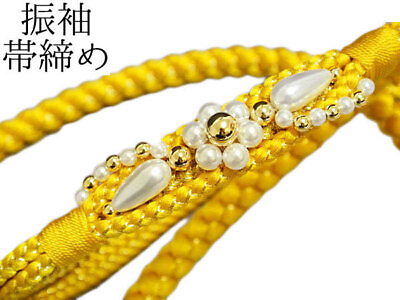 #ad Obijime Long Sleeved Kimono Yellow Gold Pearl Pure Silk Handmade T No 9 Coming O $98.48