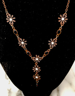 #ad Bronze NECKLACE Crystal Flower Pendant 18”Charm Drop 2 1 4 $11.00