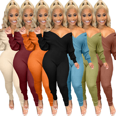 #ad New Long Sleeve V Neck Bodycon Solid Cold Shoulder Casual Pants Set for Women $34.22