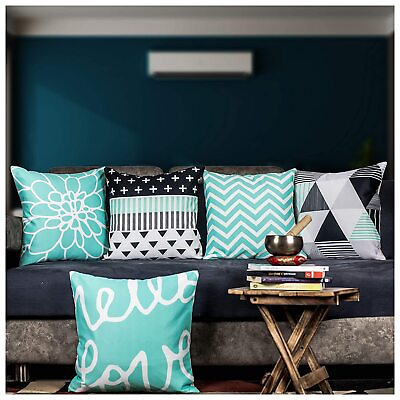 #ad Decorative Printed Aqua Blue Satin Cushion Cover Set Of 5 250TC 16 x 16 In $46.34