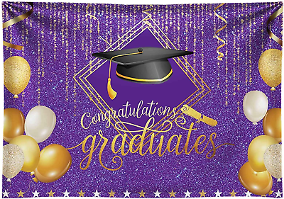 #ad Funnytree 7X5FT Fabric Gold and Purple 2023 Class Graduation Backdrop for Photog $14.70