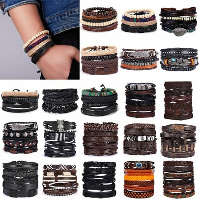 #ad 6Pcs Set Multilayer Leather Bracelet Men#x27;s Women Wristband Bangle Jewelry Set C $0.99