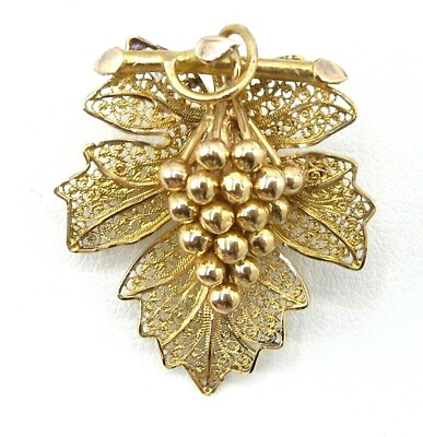 #ad 18k Yellow Gold Vict Articulated Grape Cluster On Filigree Leaf Vine Brooch Pin $689.99