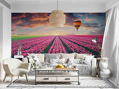 #ad 3D Pink Tulip Hot Air Balloon Sunset Wallpaper Wall Murals Removable Wallpaper AU $39.99