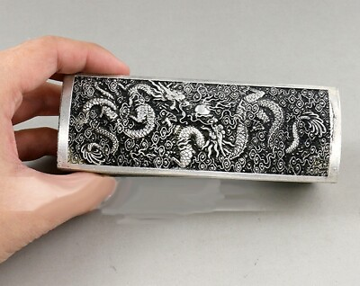 #ad Copper Carved Silver Plated Coffin Casket Jewelry Box Chinese Dragon Case Holder $32.50