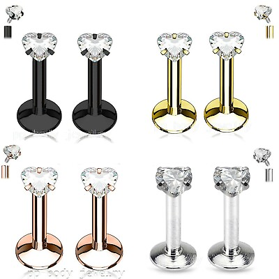 #ad 2pcs. 16G Heart CZ Prong Set Surgical Steel Internally Threaded Labret Tragus $8.10