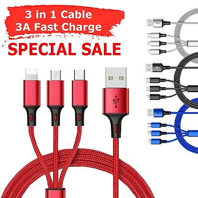 3 in 1 Fast USB Charging Cable Universal Multi Function Cell Phone Charger Cord $3.49