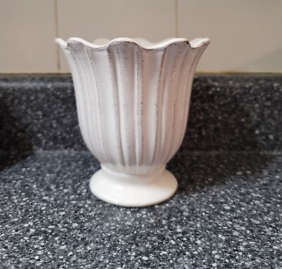 #ad Vintage Hosley Ceramic Pottery White Brown Accents Scallop Rim Vase Farm Country $18.00