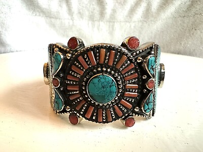 #ad Vintage boho tribal theme Tibetan silver handmade Bangle with Turquoise amp; coral $59.99