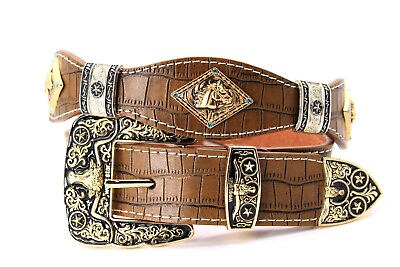 #ad West Belt Brown Gold Horse Silver Concho Crocodile Pants 30 Cinto Vaquero Toro $34.99