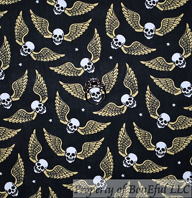 #ad BonEful Fabric FQ Cotton Quilt Black Bamp;W White Skull Face Gold Wings Gothic Head $5.07